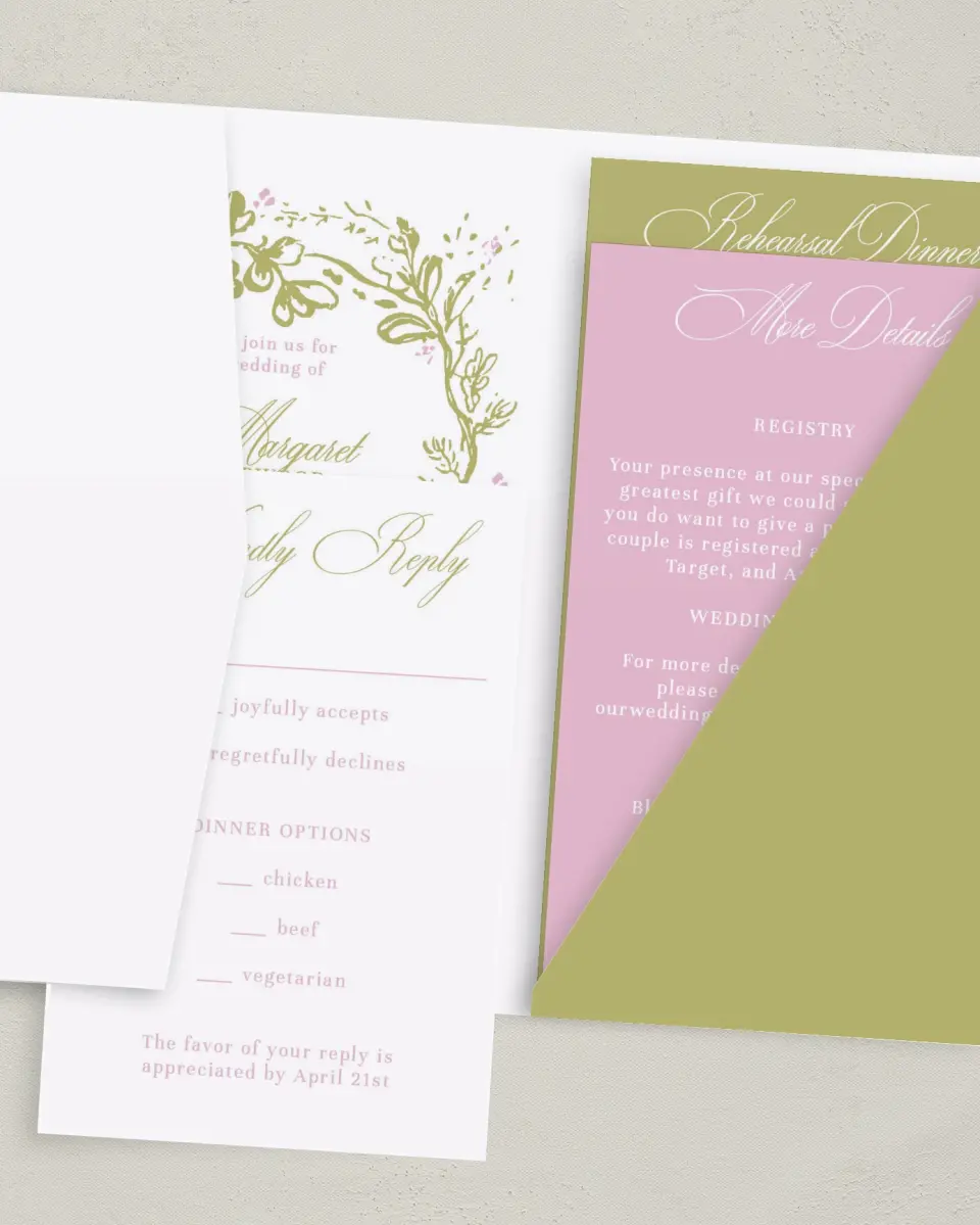 This is a 5" x 7⅞" Pocket Wedding Invitation called Evening in Bloom printed in full color with Gold foil on Luxe Satin (coated) paper