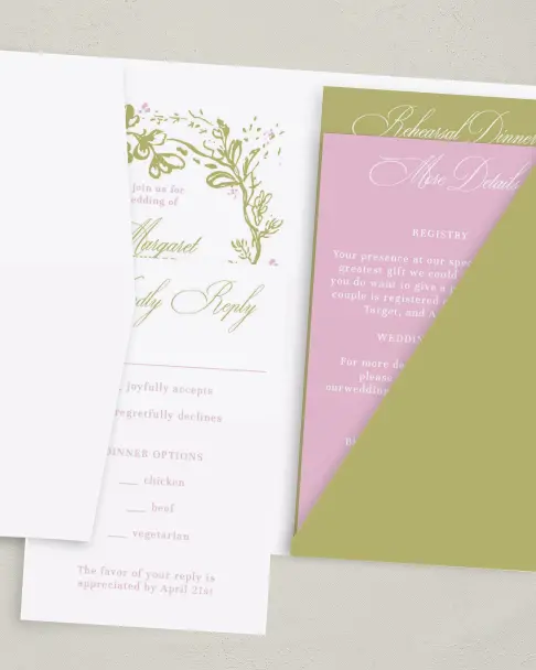 This is a 5" x 7⅞" Pocket Wedding Invitation called Evening in Bloom printed in full color on Premium Smooth paper
