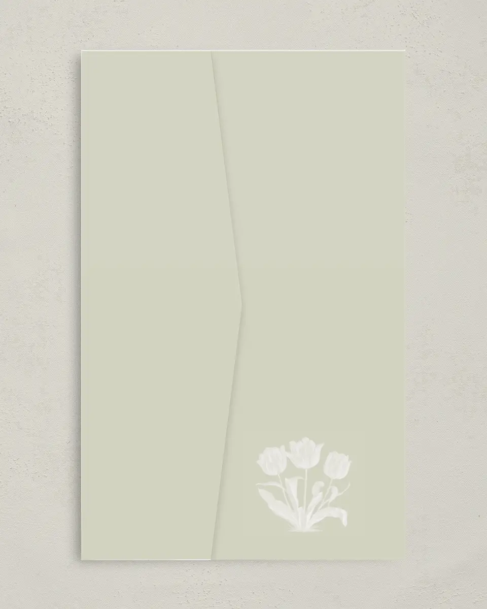 This is a 5" x 7⅞" Pocket Wedding Invitation called Timeless Tulips printed in full color on Premium Smooth paper
