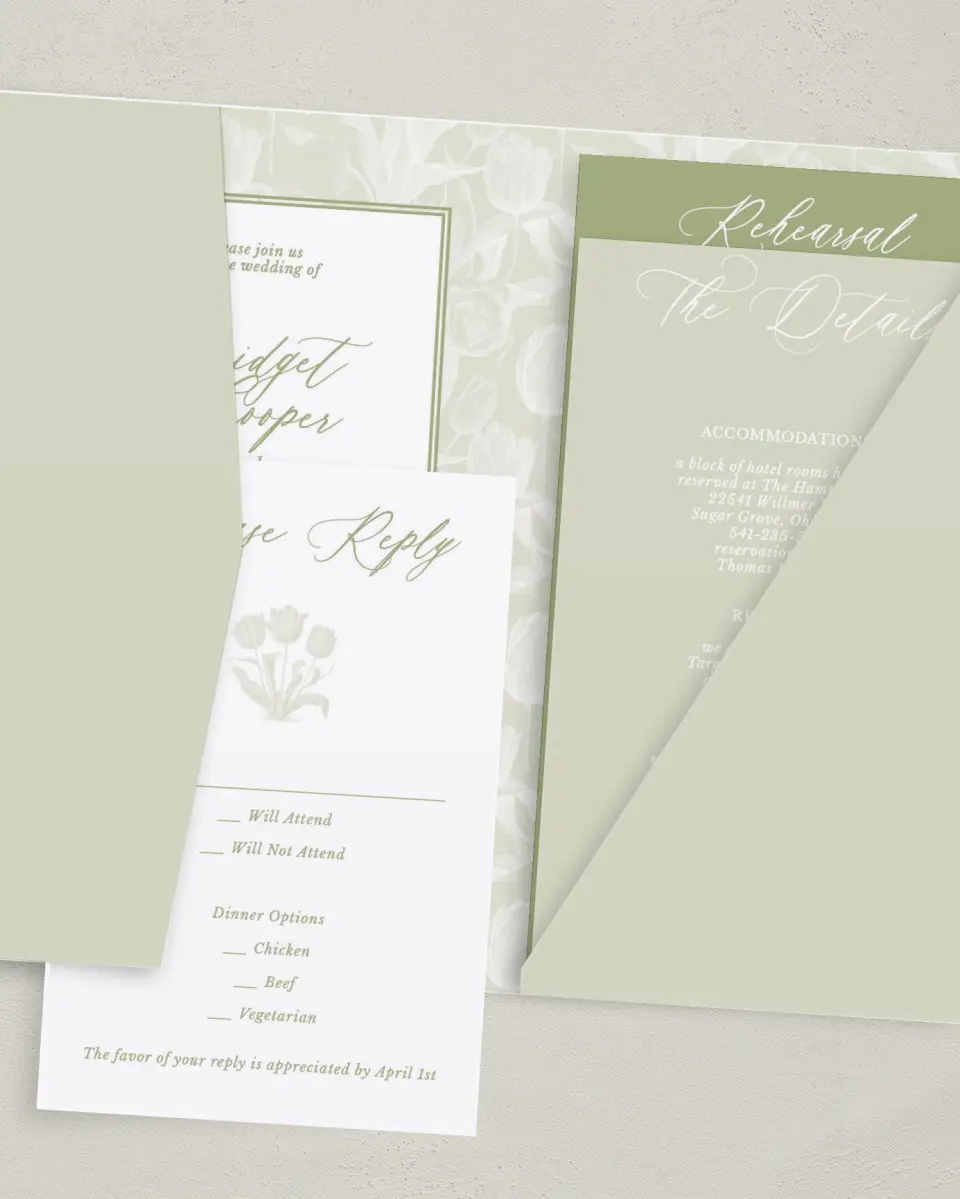 This is a 5" x 7⅞" Pocket Wedding Invitation called Timeless Tulips printed in full color with Gold foil on Luxe Satin (coated) paper