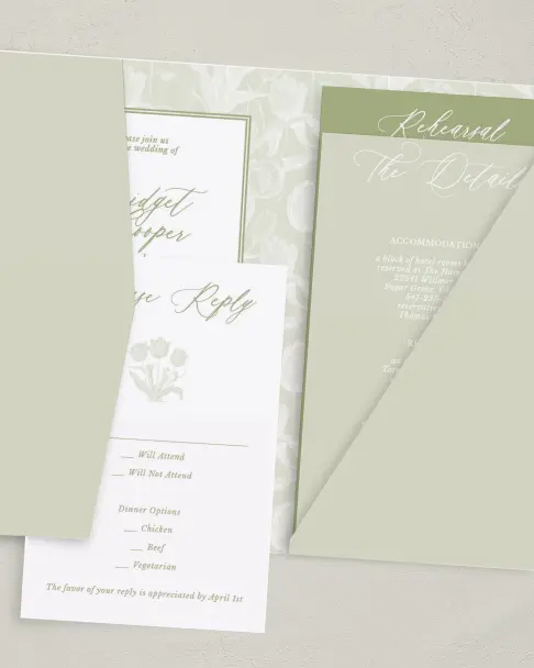 This is a 5" x 7⅞" Pocket Wedding Invitation called Timeless Tulips printed in full color on Premium Smooth paper