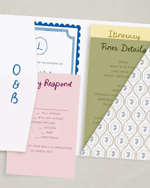 This is a 5" x 7⅞" Pocket Wedding Invitation called Scalloped Elegance printed in full color on Premium Smooth paper