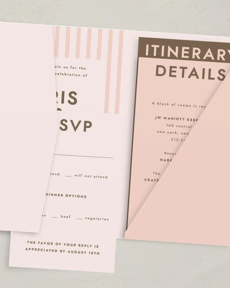 This is a 5" x 7⅞" Pocket Wedding Invitation called Serendipity & Stripes printed in full color with Gold foil on Luxe Satin (coated) paper