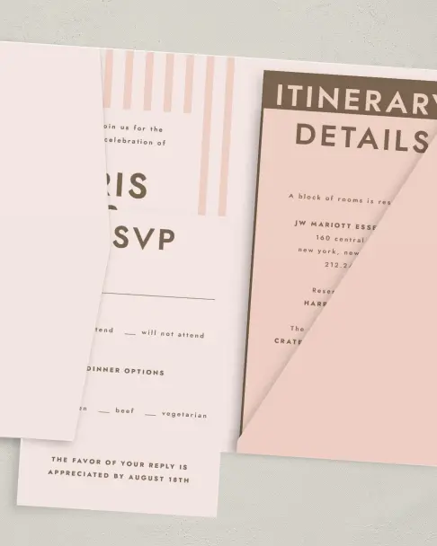This is a 5" x 7⅞" Pocket Wedding Invitation called Serendipity & Stripes printed in full color on Premium Smooth paper