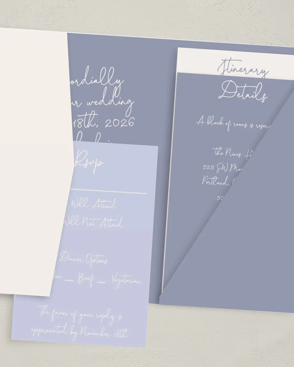 This is a 5" x 7⅞" Pocket Wedding Invitation called Yours Truly printed in full color with Gold foil on Luxe Satin (coated) paper