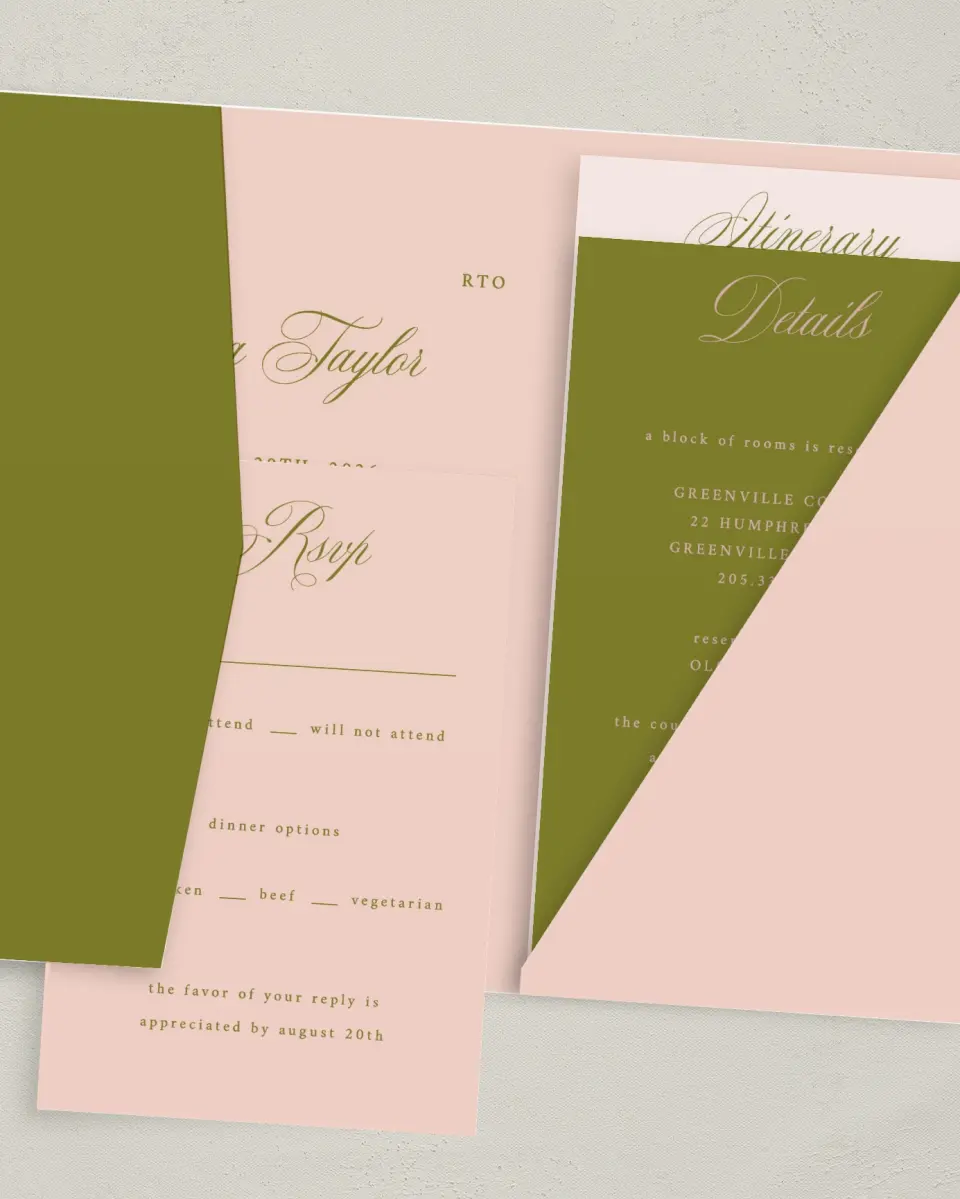 This is a 5" x 7⅞" Pocket Wedding Invitation called Love Off Script printed in full color with Gold foil on Luxe Satin (coated) paper