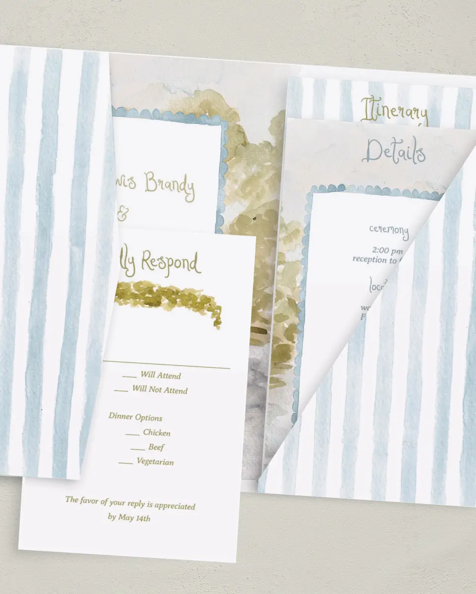This is a 5" x 7⅞" Pocket Wedding Invitation called Soft Meadows printed in full color with Gold foil on Luxe Satin (coated) paper