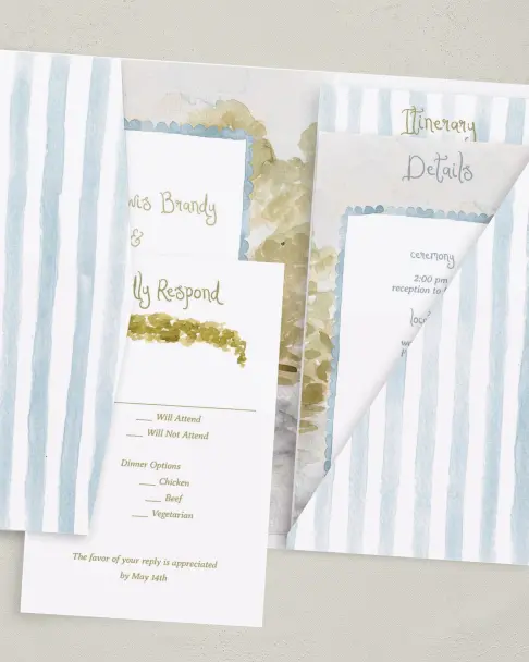 This is a 5" x 7⅞" Pocket Wedding Invitation called Soft Meadows printed in full color on Premium Smooth paper