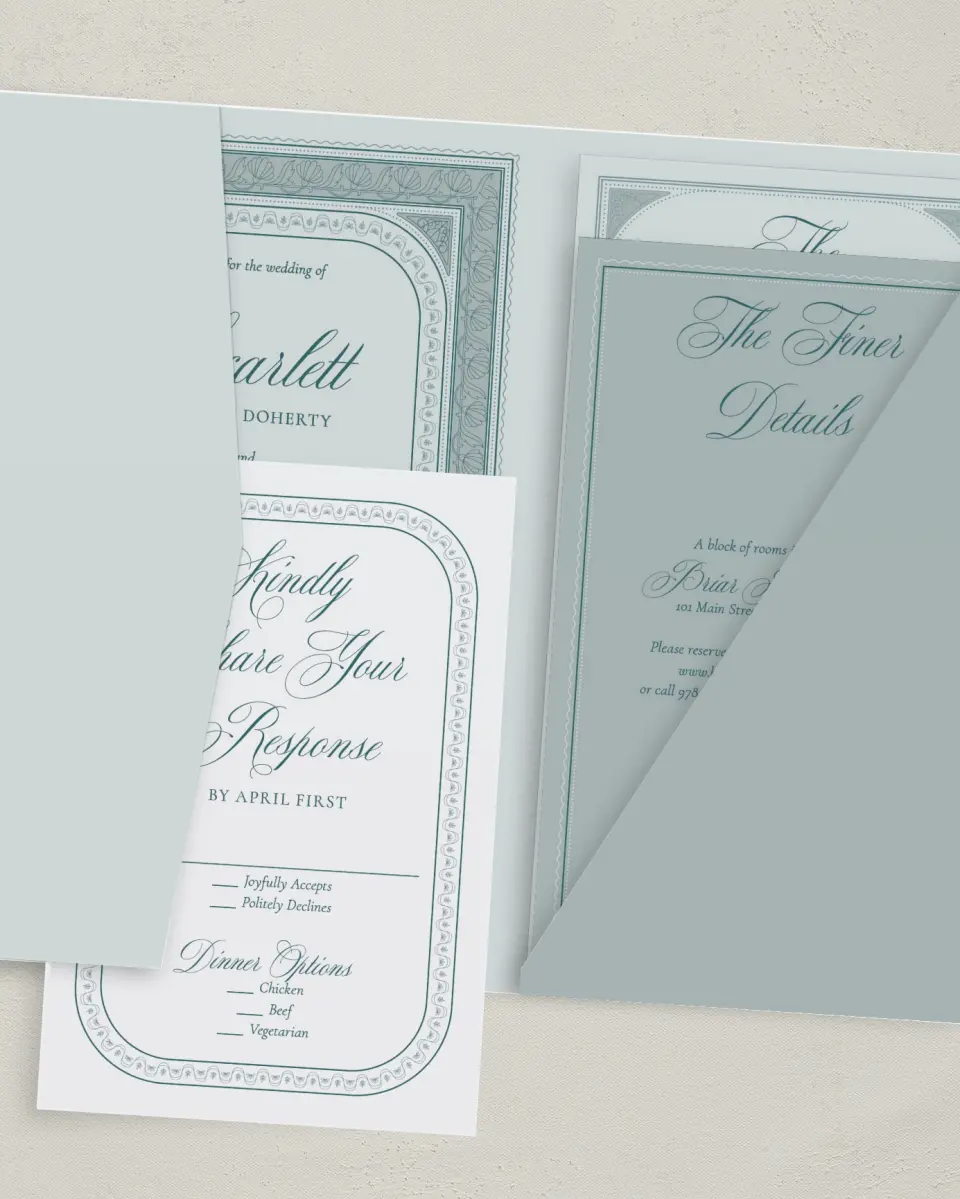 This is a 5" x 7⅞" Pocket Wedding Invitation called Delicate Vintage printed in full color with Gold foil on Luxe Satin (coated) paper