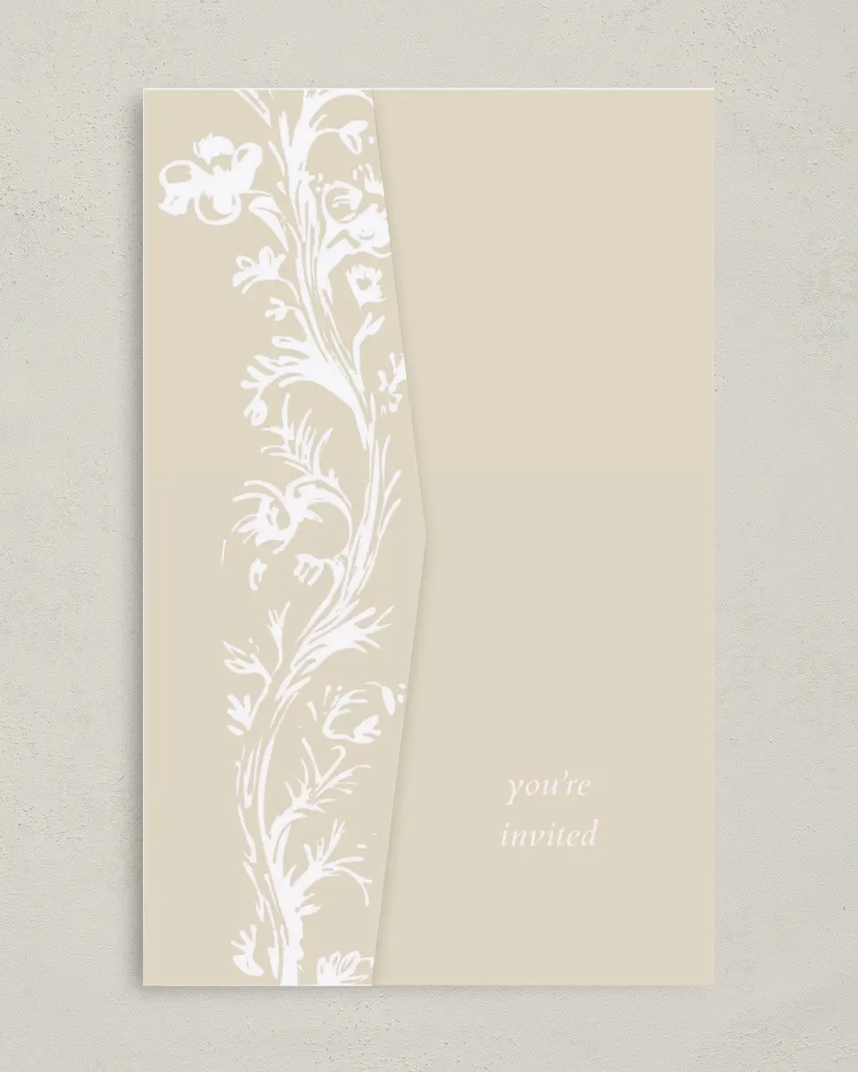 This is a 5" x 7⅞" Pocket Wedding Invitation called Soft Branchlets printed in full color on Premium Smooth paper
