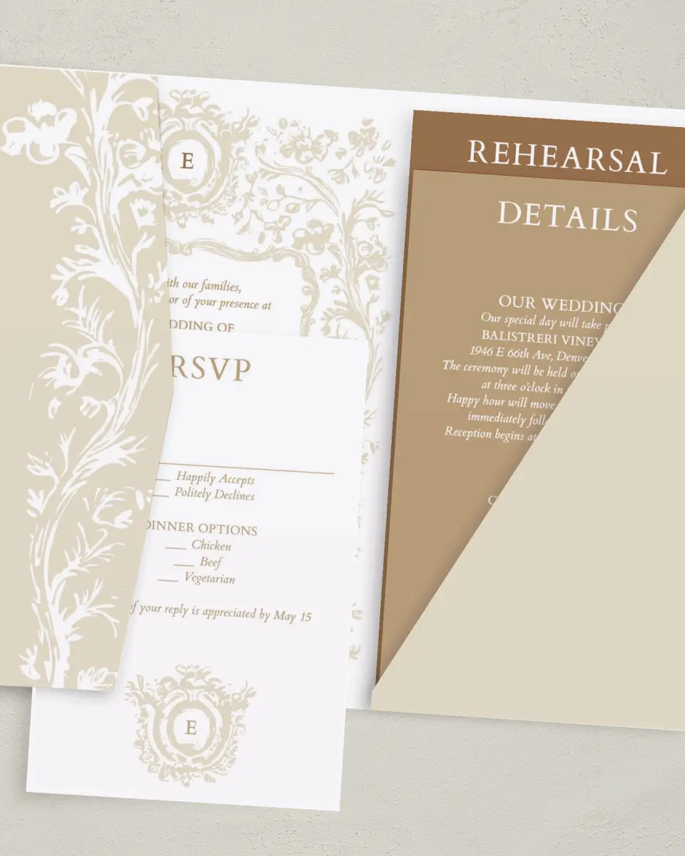 This is a 5" x 7⅞" Pocket Wedding Invitation called Soft Branchlets printed in full color with Gold foil on Luxe Satin (coated) paper