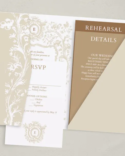 This is a 5" x 7⅞" Pocket Wedding Invitation called Soft Branchlets printed in full color on Premium Smooth paper