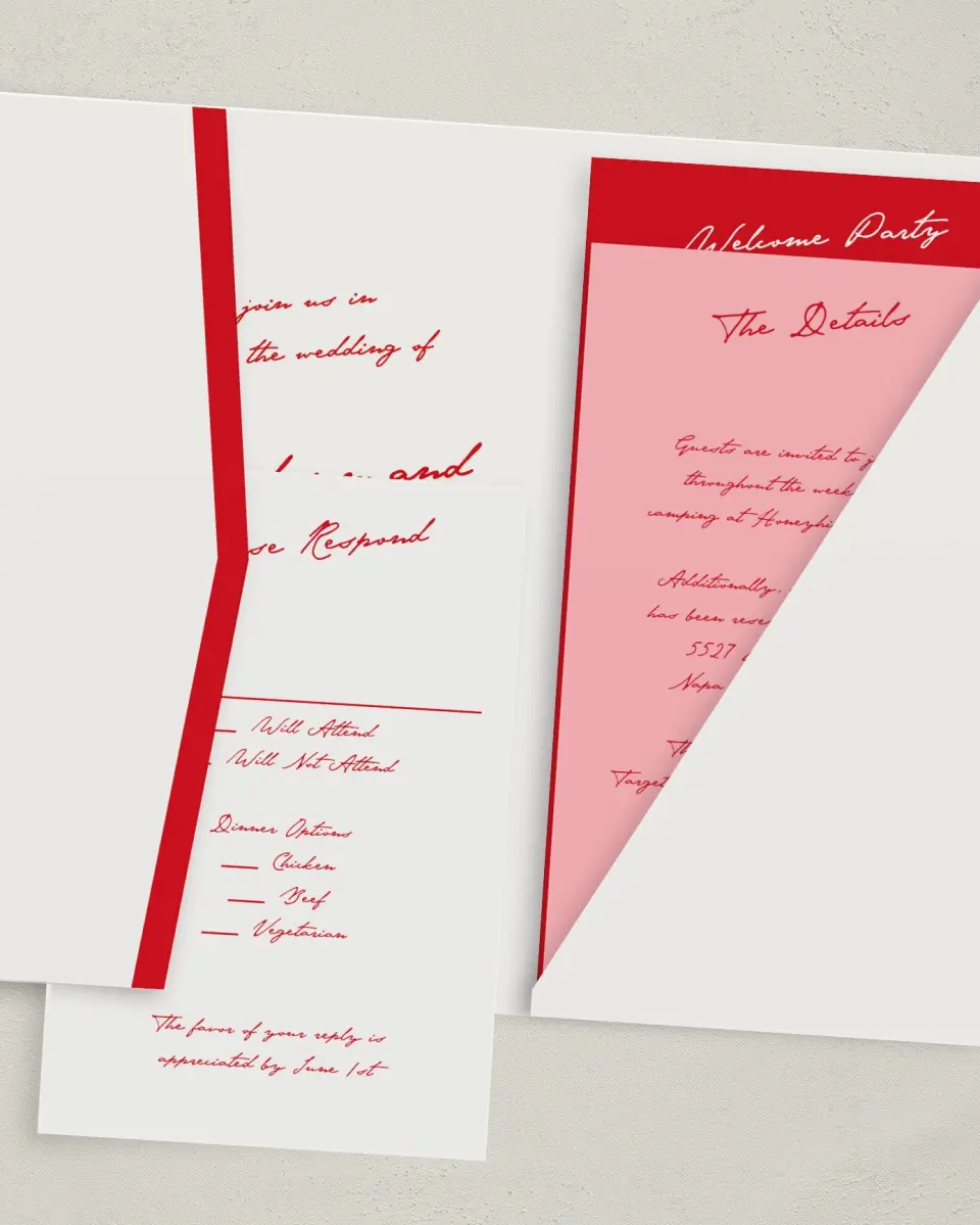 This is a 5" x 7⅞" Pocket Wedding Invitation called With All Our Love printed in full color with Gold foil on Luxe Satin (coated) paper