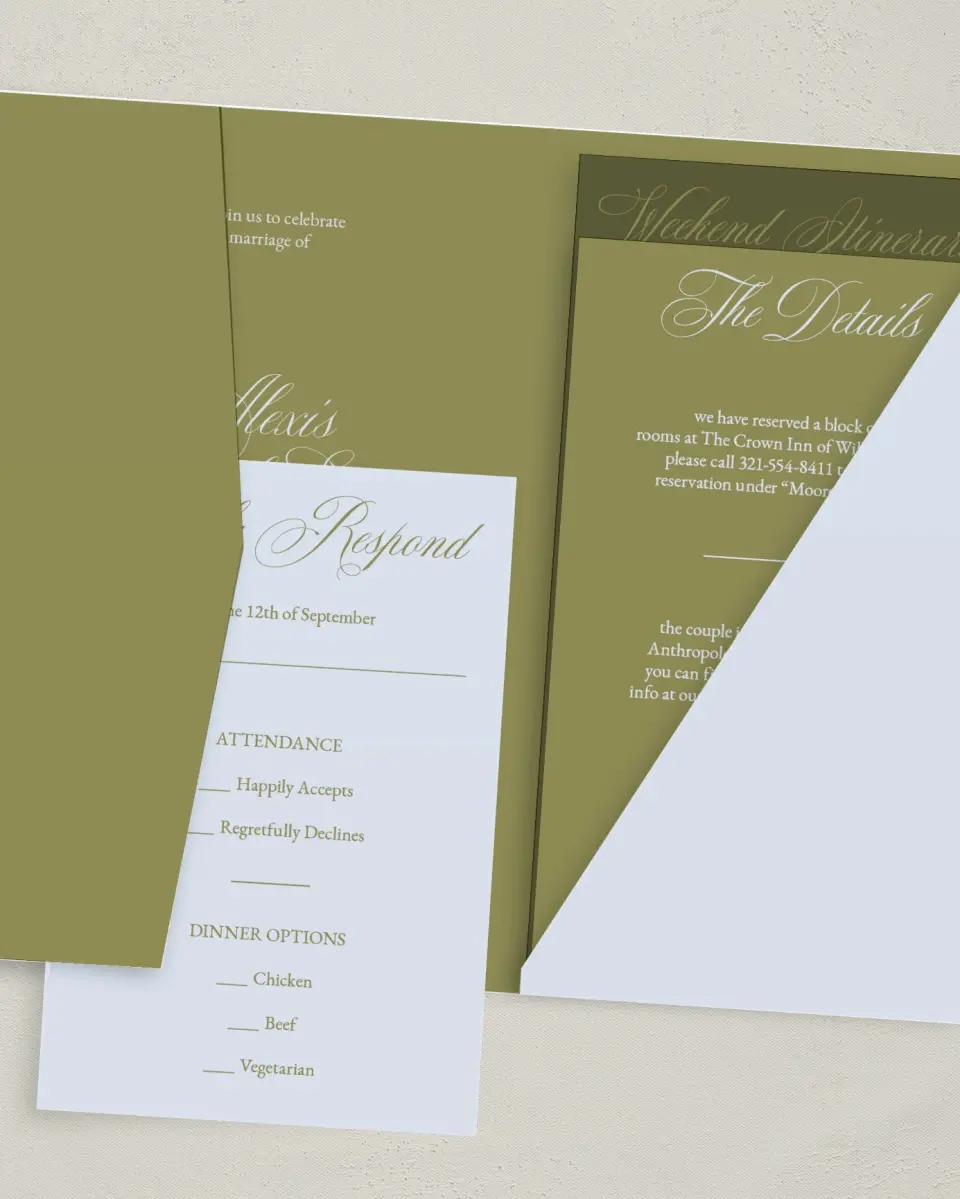This is a 5" x 7⅞" Pocket Wedding Invitation called Signature Vows printed in full color with Gold foil on Luxe Satin (coated) paper
