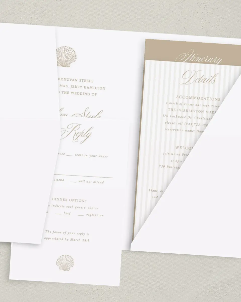 This is a 5" x 7⅞" Pocket Wedding Invitation called Elegant Shell printed in full color with Gold foil on Luxe Satin (coated) paper