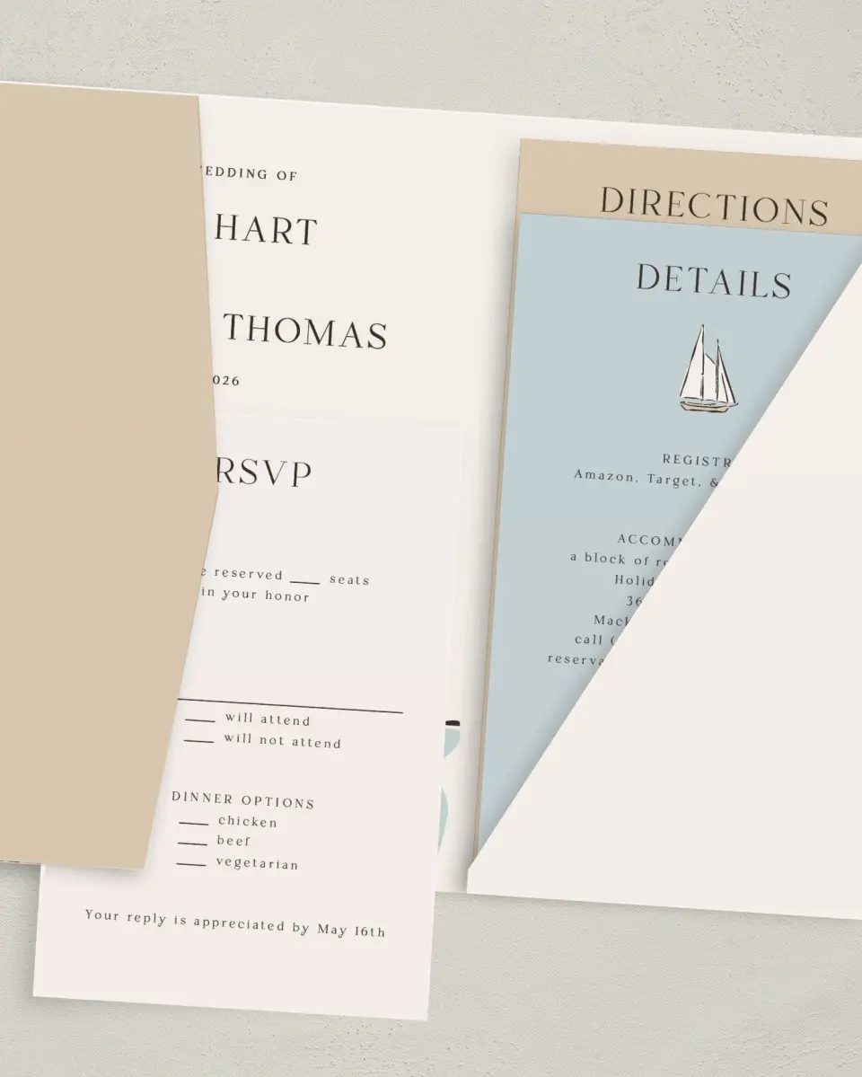 This is a 5" x 7⅞" Pocket Wedding Invitation called Beacon of Love printed in full color with Gold foil on Luxe Satin (coated) paper