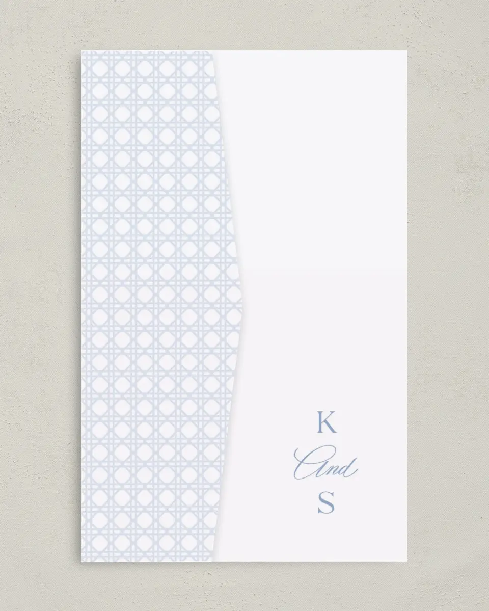 This is a 5" x 7⅞" Pocket Wedding Invitation called Woven Serenity printed in full color on Premium Smooth paper
