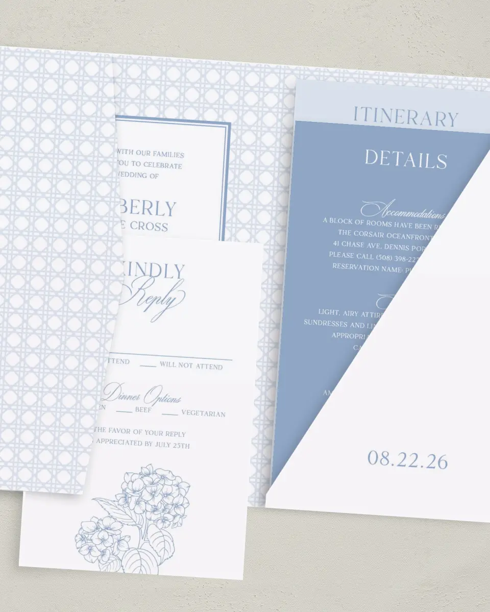 This is a 5" x 7⅞" Pocket Wedding Invitation called Woven Serenity printed in full color with Gold foil on Luxe Satin (coated) paper