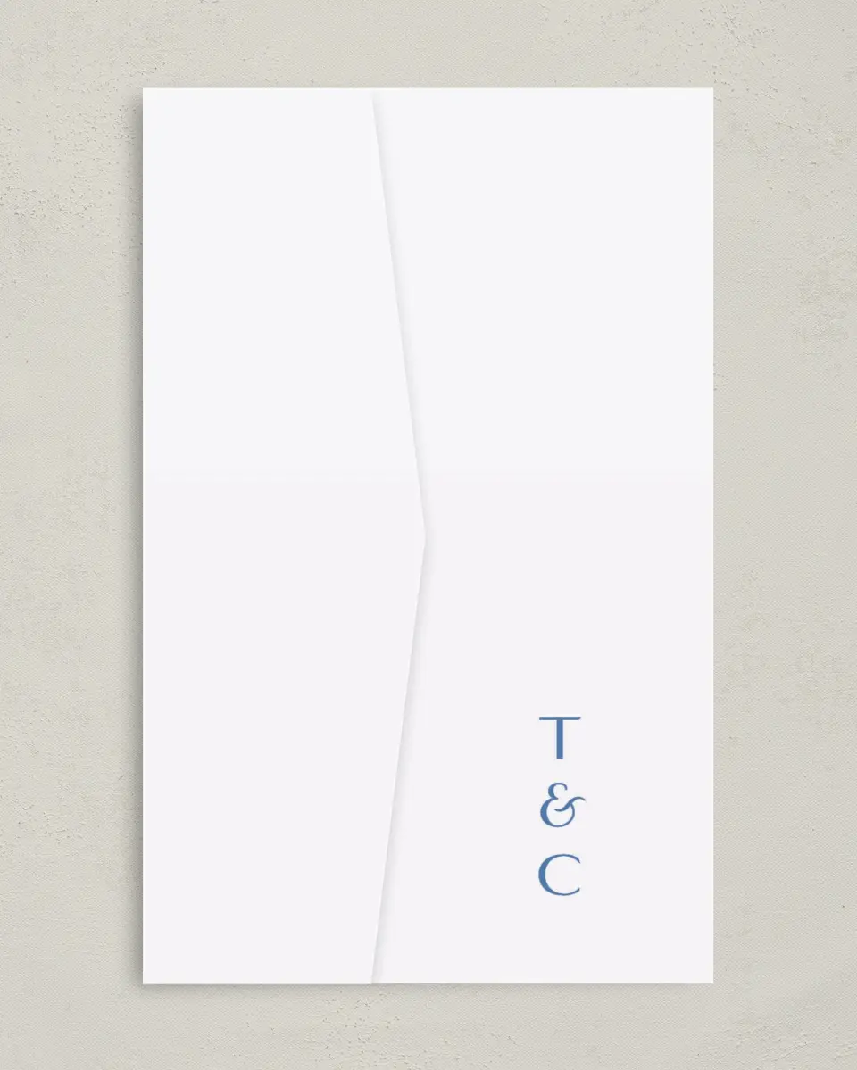 This is a 5" x 7⅞" Pocket Wedding Invitation called Seaside Serenade printed in full color on Premium Smooth paper