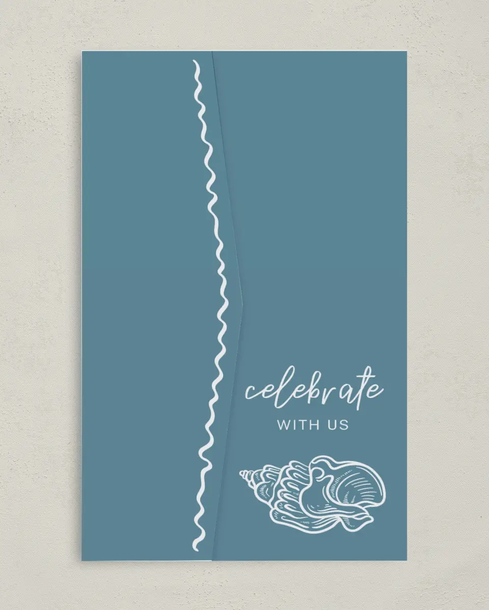 This is a 5" x 7⅞" Pocket Wedding Invitation called I Hear Wedding Shells printed in full color on Premium Smooth paper