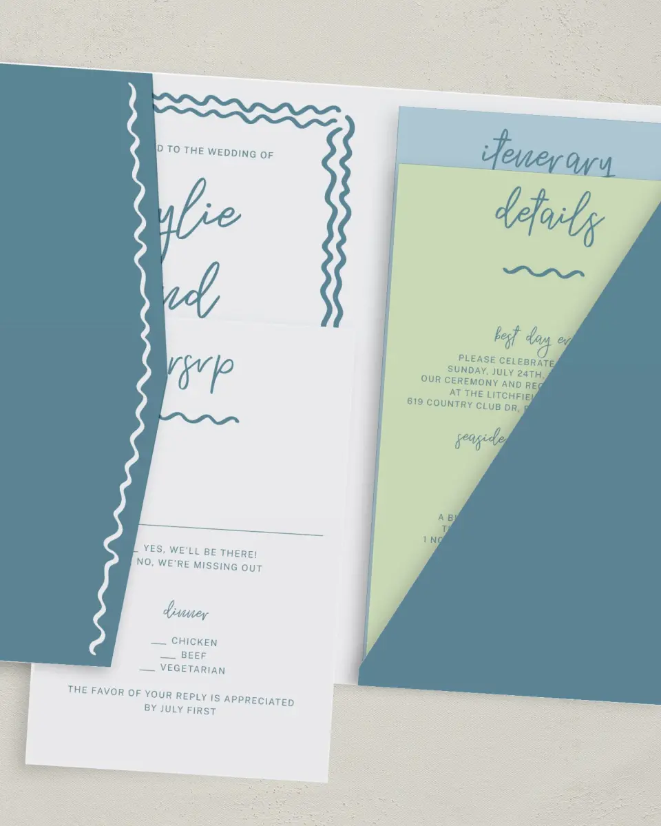 This is a 5" x 7⅞" Pocket Wedding Invitation called I Hear Wedding Shells printed in full color with Gold foil on Luxe Satin (coated) paper