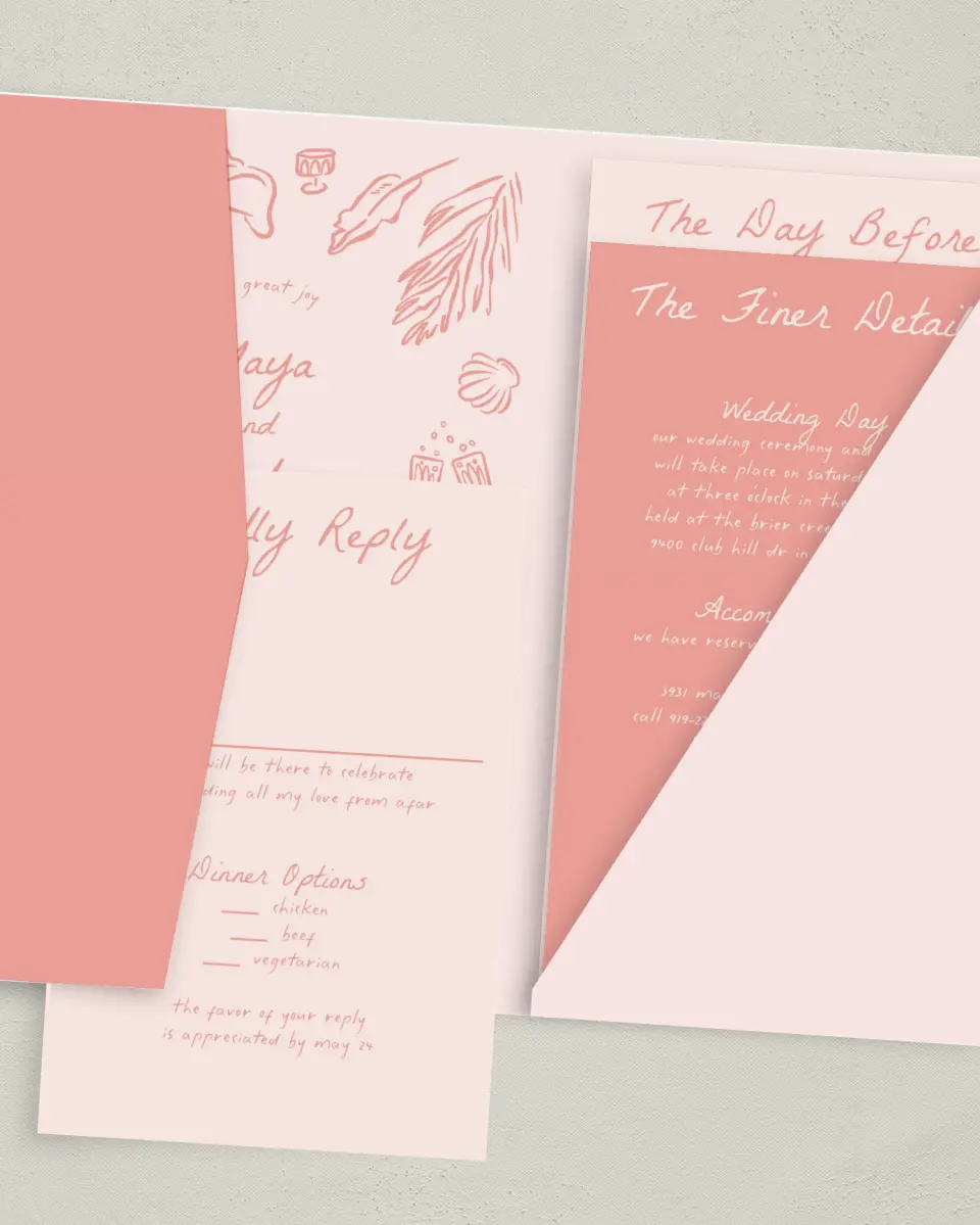This is a 5" x 7⅞" Pocket Wedding Invitation called Maritime Vows printed in full color with Gold foil on Luxe Satin (coated) paper