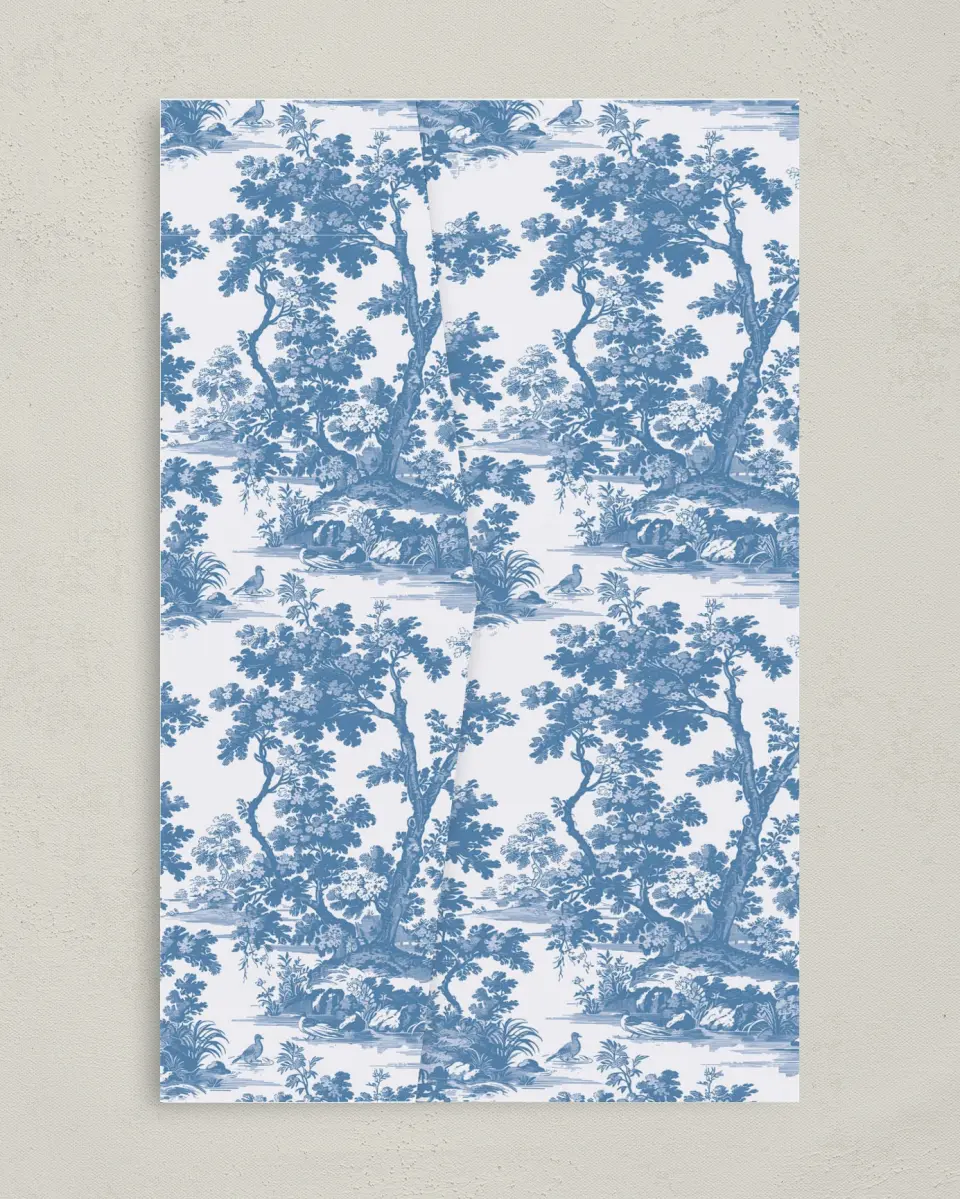 This is a 5" x 7⅞" Pocket Wedding Invitation called Blue Toile Romance printed in full color on Premium Smooth paper