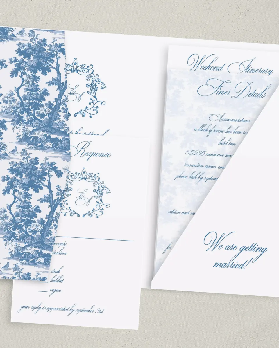 This is a 5" x 7⅞" Pocket Wedding Invitation called Blue Toile Romance printed in full color with Gold foil on Luxe Satin (coated) paper