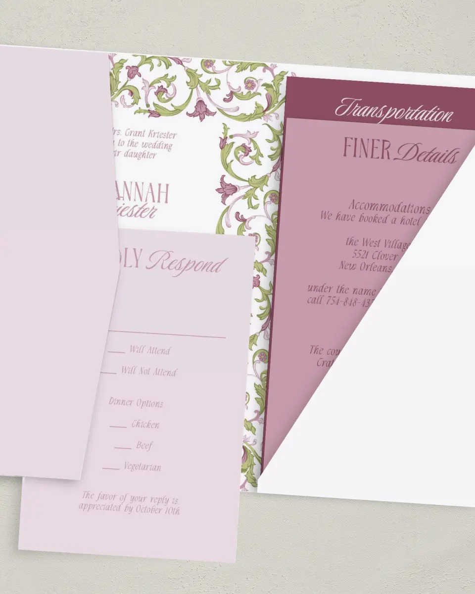 This is a 5" x 7⅞" Pocket Wedding Invitation called Ornate Garden printed in full color with Gold foil on Luxe Satin (coated) paper