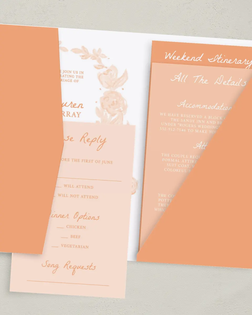 This is a 5" x 7⅞" Pocket Wedding Invitation called Ever After Blooms printed in full color with Gold foil on Luxe Satin (coated) paper
