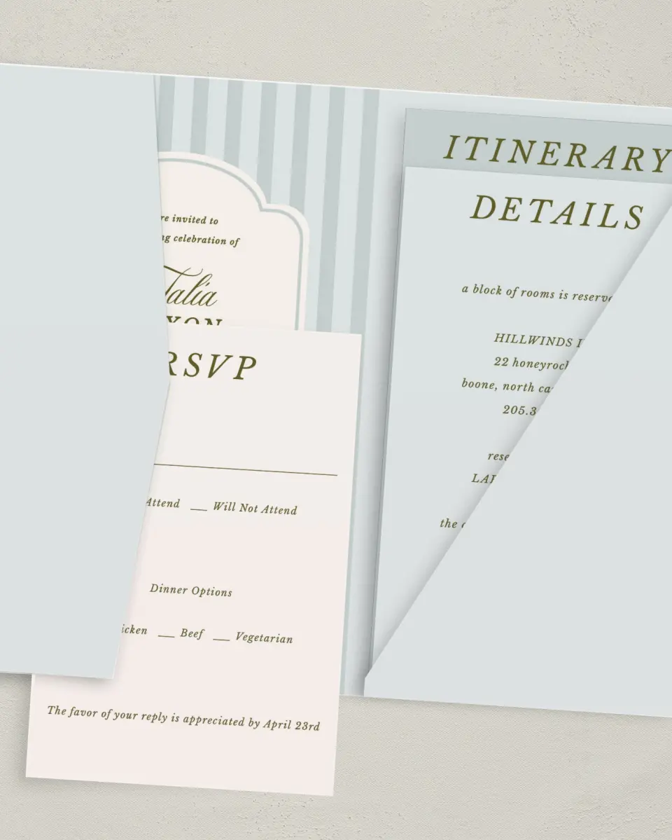 This is a 5" x 7⅞" Pocket Wedding Invitation called Love You Forever printed in full color with Gold foil on Luxe Satin (coated) paper