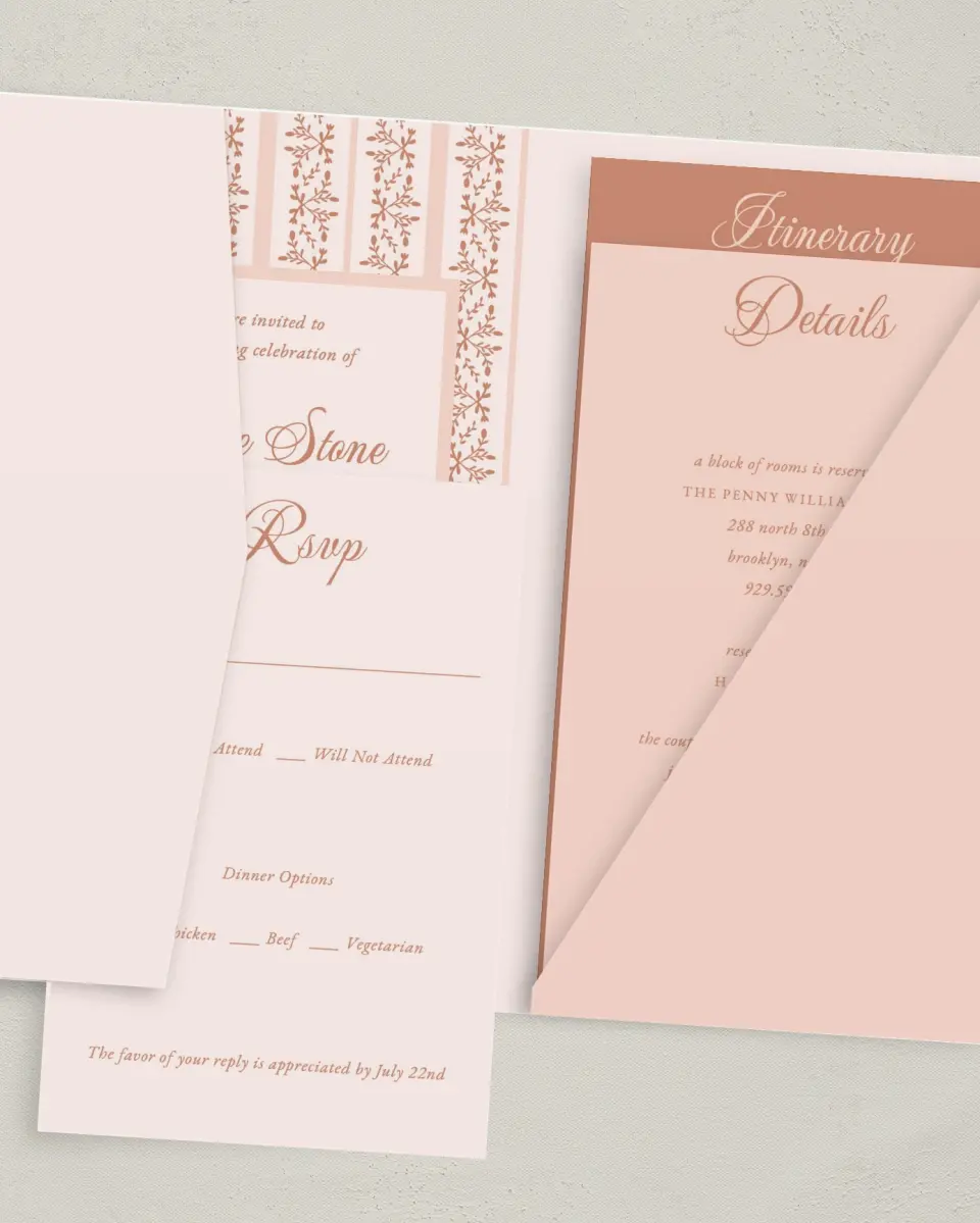 This is a 5" x 7⅞" Pocket Wedding Invitation called Patterned Love printed in full color with Gold foil on Luxe Satin (coated) paper
