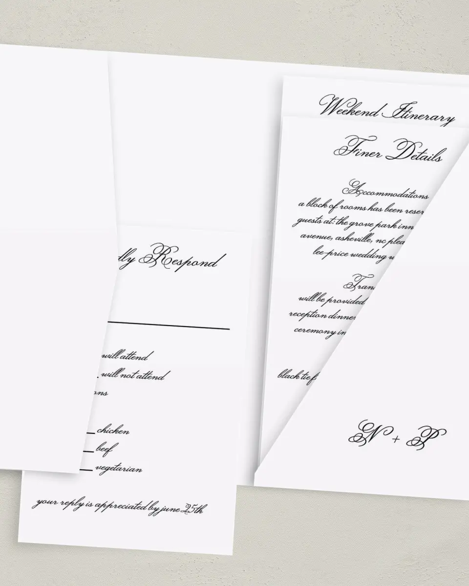 This is a 5" x 7⅞" Pocket Wedding Invitation called Formal Script printed in full color with Gold foil on Luxe Satin (coated) paper