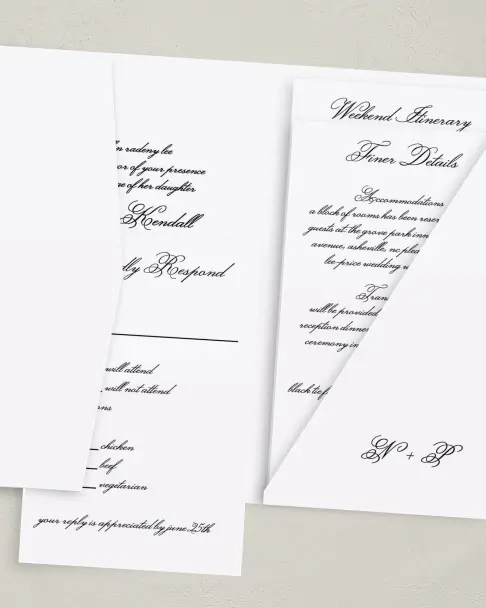 This is a 5" x 7⅞" Pocket Wedding Invitation called Formal Script printed in full color on Premium Smooth paper