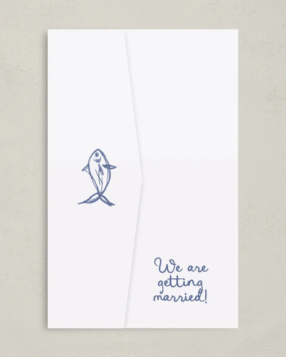 This is a 5" x 7⅞" Pocket Wedding Invitation called Love by the Sea printed in full color on Premium Smooth paper