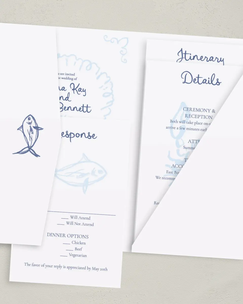 This is a 5" x 7⅞" Pocket Wedding Invitation called Love by the Sea printed in full color with Gold foil on Luxe Satin (coated) paper