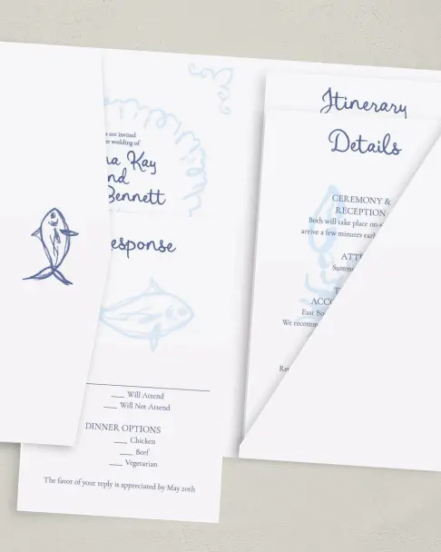 This is a 5" x 7⅞" Pocket Wedding Invitation called Love by the Sea printed in full color on Premium Smooth paper