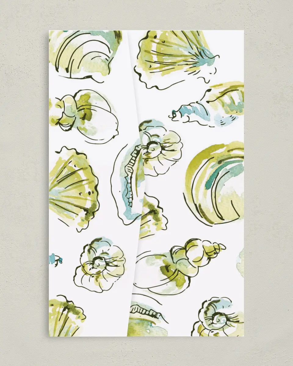 This is a 5" x 7⅞" Pocket Wedding Invitation called Whimsical Shells printed in full color on Premium Smooth paper