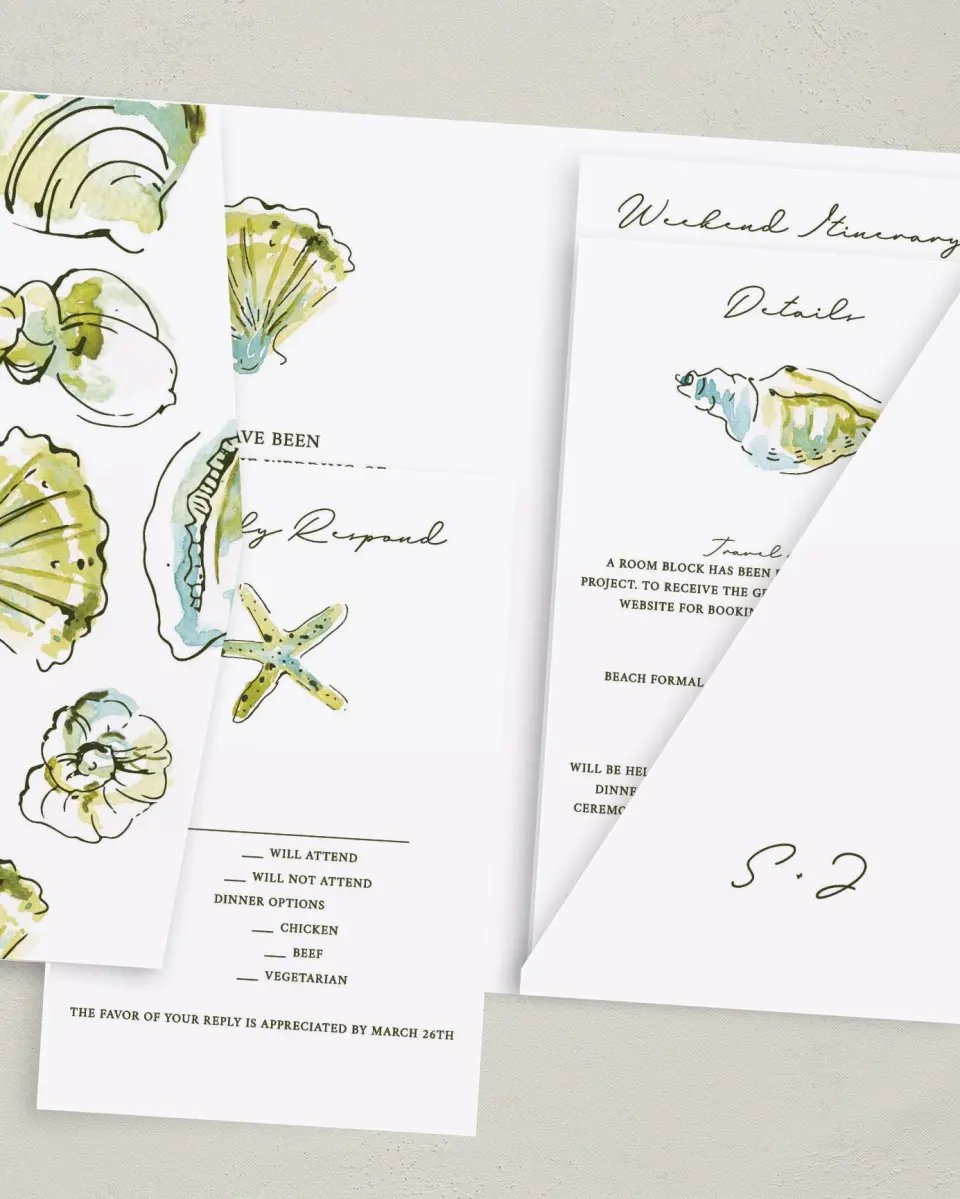 This is a 5" x 7⅞" Pocket Wedding Invitation called Whimsical Shells printed in full color with Gold foil on Luxe Satin (coated) paper