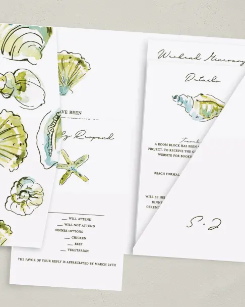 This is a 5" x 7⅞" Pocket Wedding Invitation called Whimsical Shells printed in full color on Premium Smooth paper
