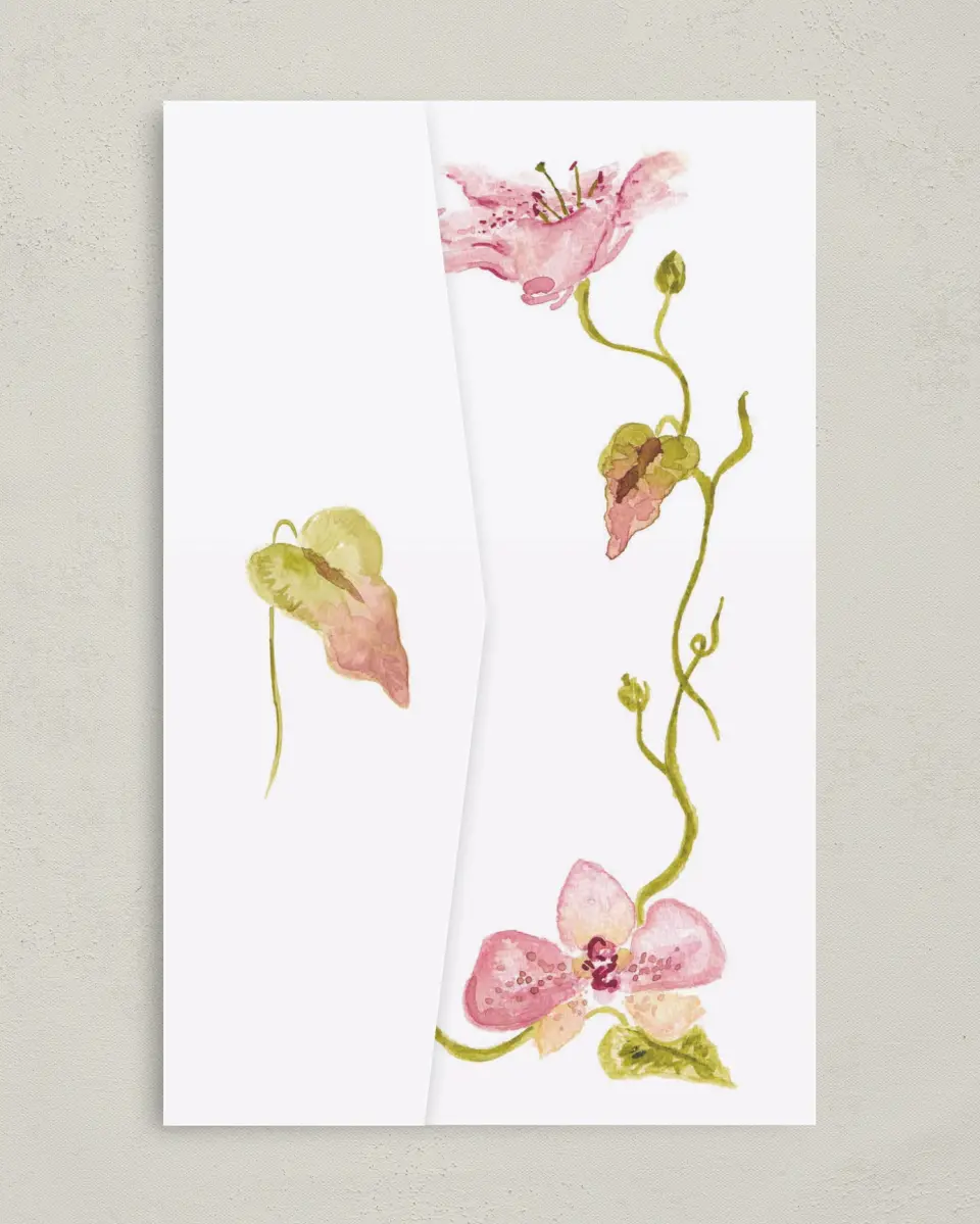 This is a 5" x 7⅞" Pocket Wedding Invitation called Paradise in Bloom printed in full color on Premium Smooth paper