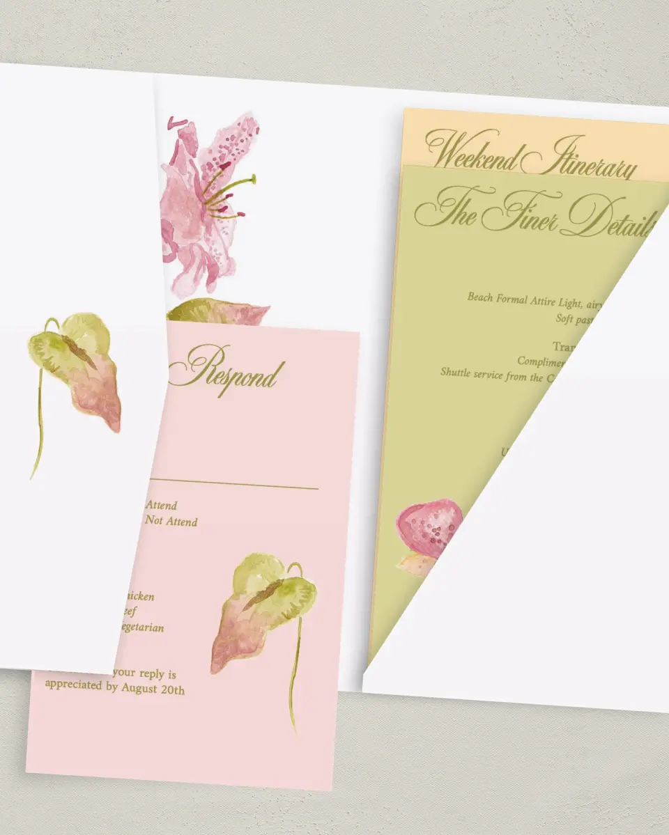 This is a 5" x 7⅞" Pocket Wedding Invitation called Paradise in Bloom printed in full color with Gold foil on Luxe Satin (coated) paper