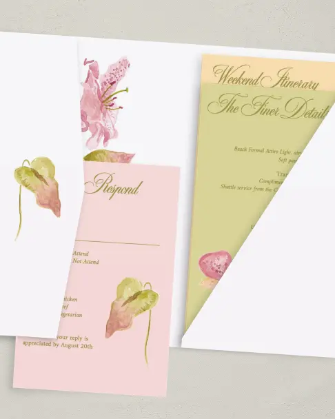 This is a 5" x 7⅞" Pocket Wedding Invitation called Paradise in Bloom printed in full color on Premium Smooth paper