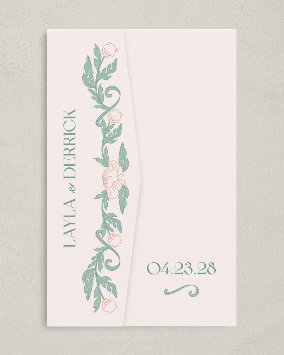 This is a 5" x 7⅞" Pocket Wedding Invitation called Vintage Dream printed in full color with Gold foil on Premium Smooth paper