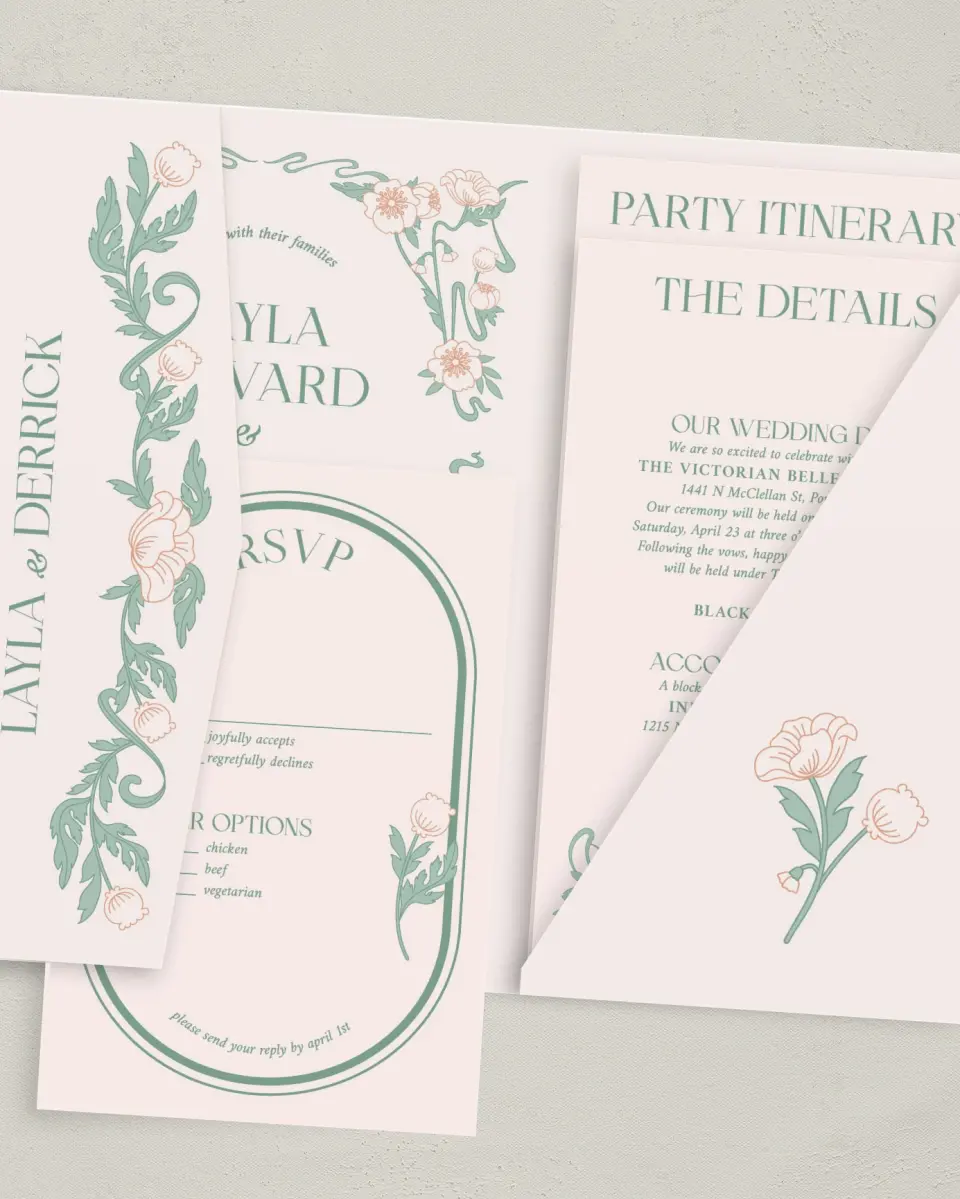 This is a 5" x 7⅞" Pocket Wedding Invitation called Vintage Dream printed in full color with Gold foil on Premium Smooth paper