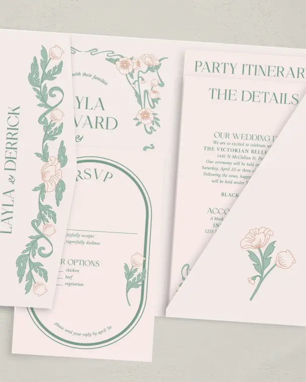 This is a 5" x 7⅞" Pocket Wedding Invitation called Vintage Dream printed in full color with Gold foil on Premium Smooth paper