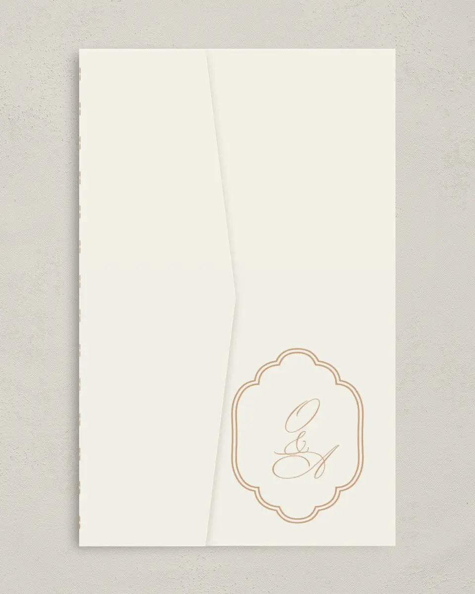 This is a 5" x 7⅞" Pocket Wedding Invitation called Beaded Veil printed in full color with Gold foil on Premium Smooth paper