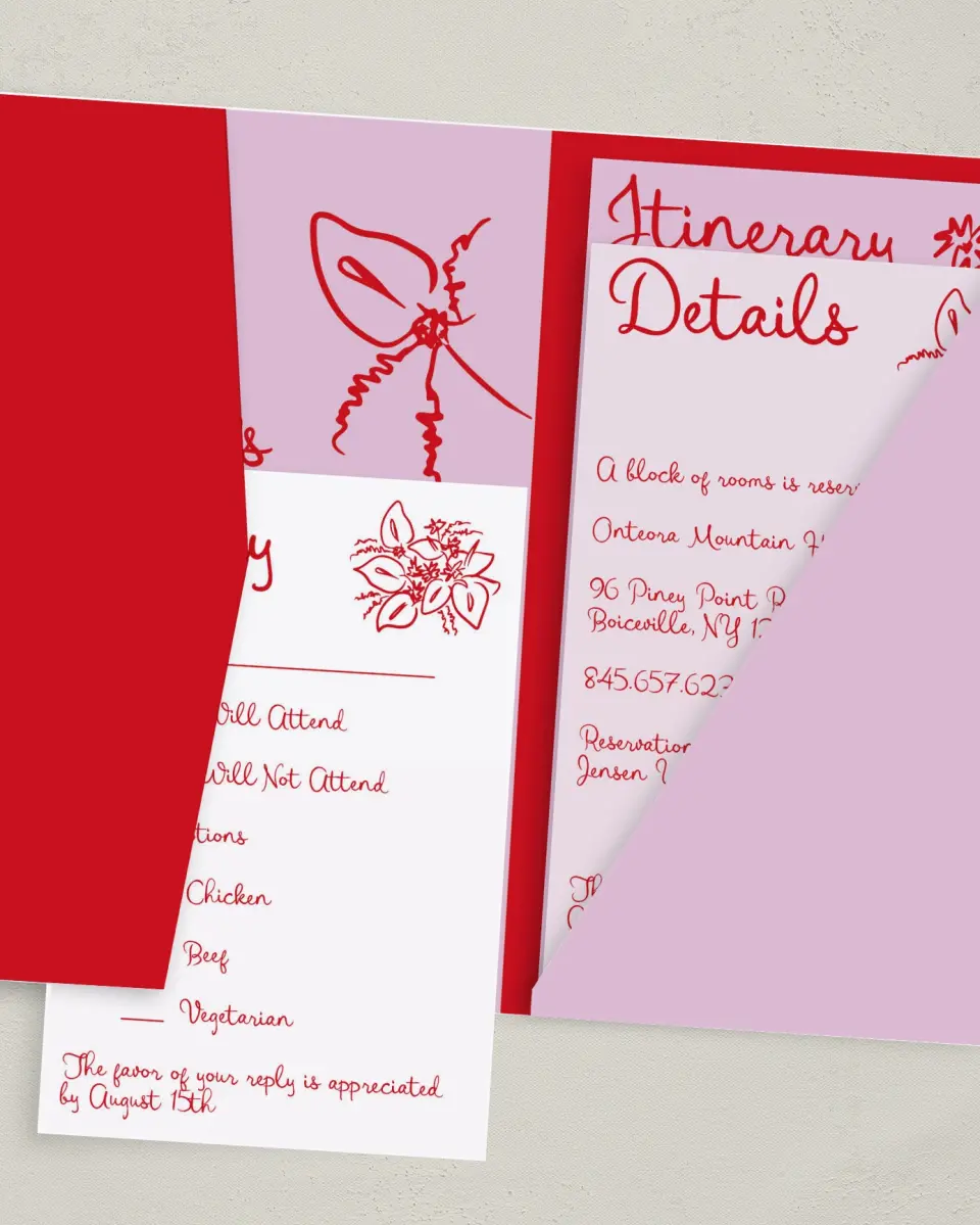 This is a 5" x 7⅞" Pocket Wedding Invitation called Flourishing Love printed in full color with Gold foil on Premium Smooth paper
