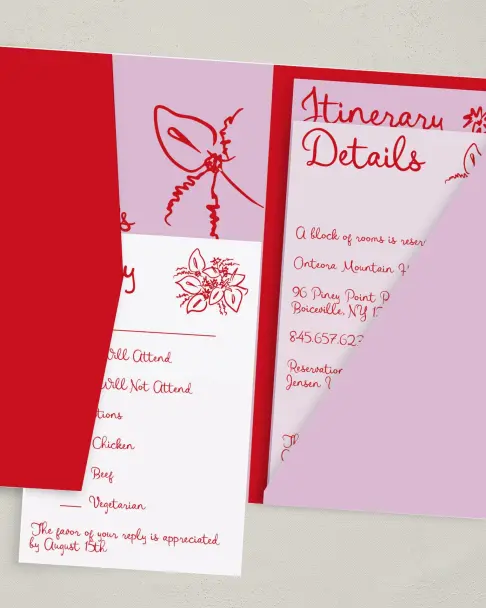 This is a 5" x 7⅞" Pocket Wedding Invitation called Flourishing Love printed in full color with Gold foil on Premium Smooth paper