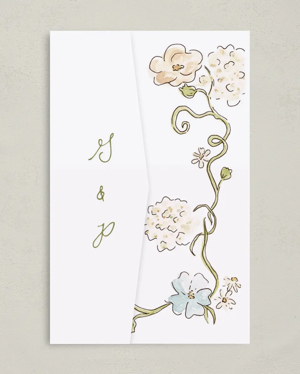 This is a 5" x 7⅞" Pocket Wedding Invitation called Soft Garden Vows printed in full color with Gold foil on Premium Smooth paper